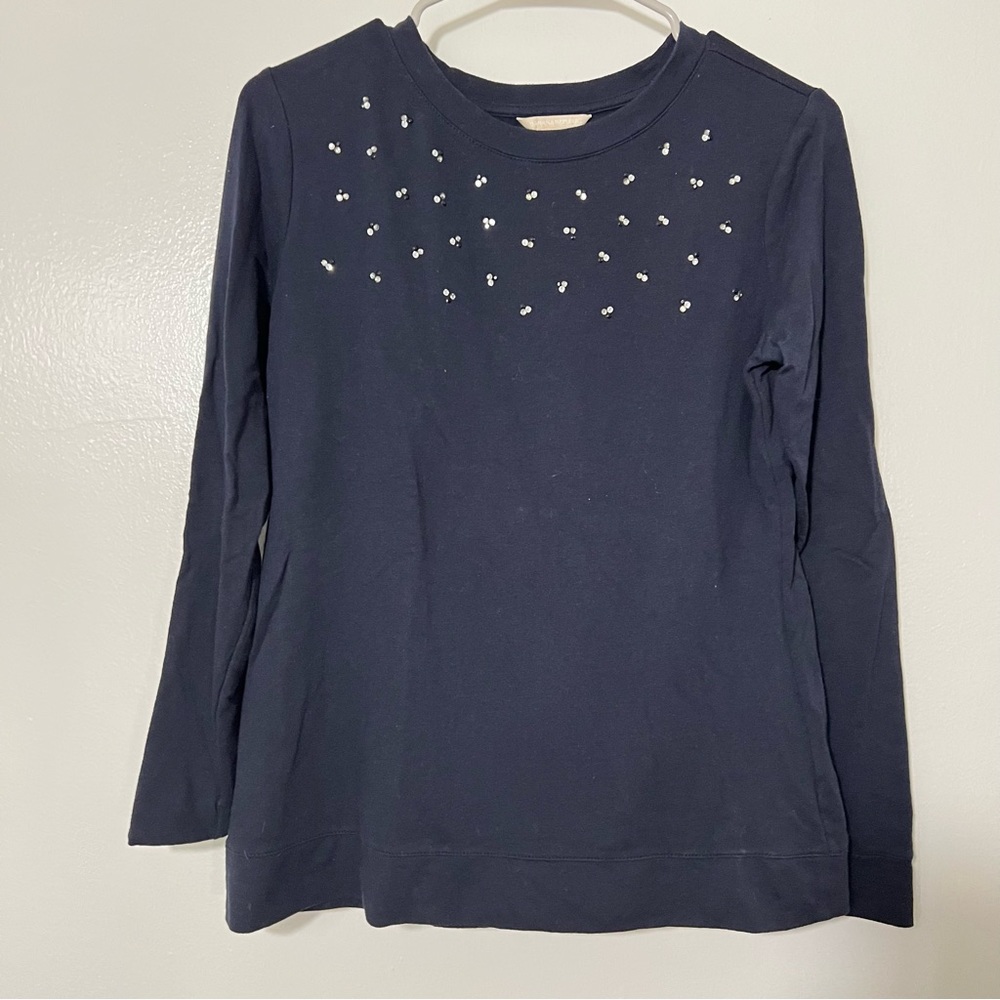 Banana Republic Sequin Neckline Long Sleeve Navy Top Sz M